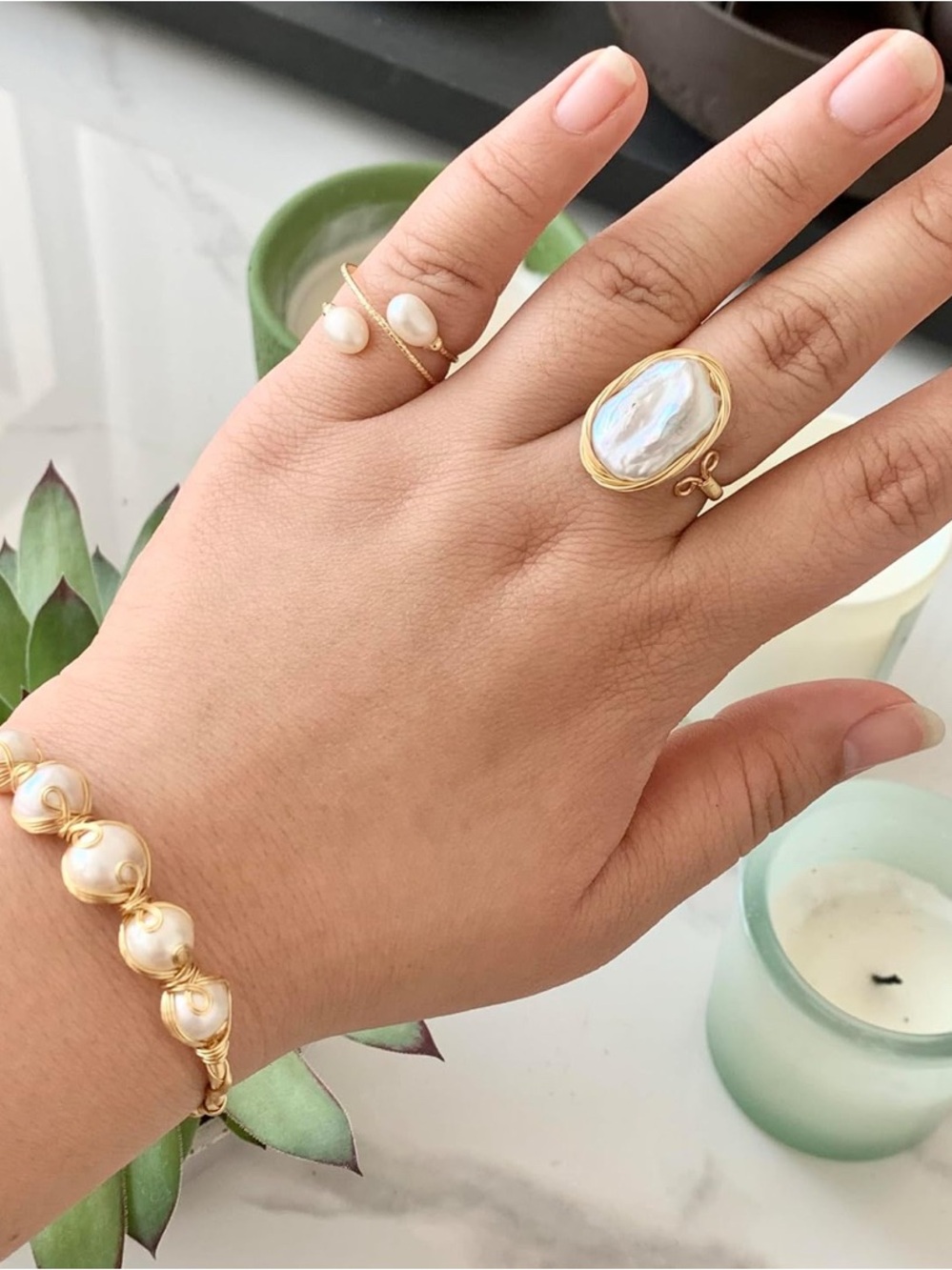 Handcrafted 14K Gold Plated Baroque Pearl Ring Adjustable - Picture 7 of 8